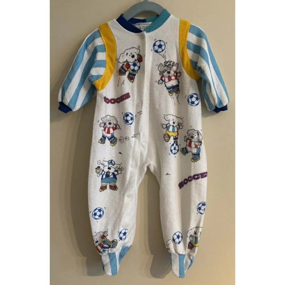 Vintage 90s Carters Terry Cloth Bears Soccer Snap Dogs Pajama 12-18 Months